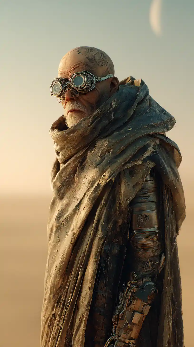 Anciano calvo con gafas protectoras de pie solo en el desierto de noche