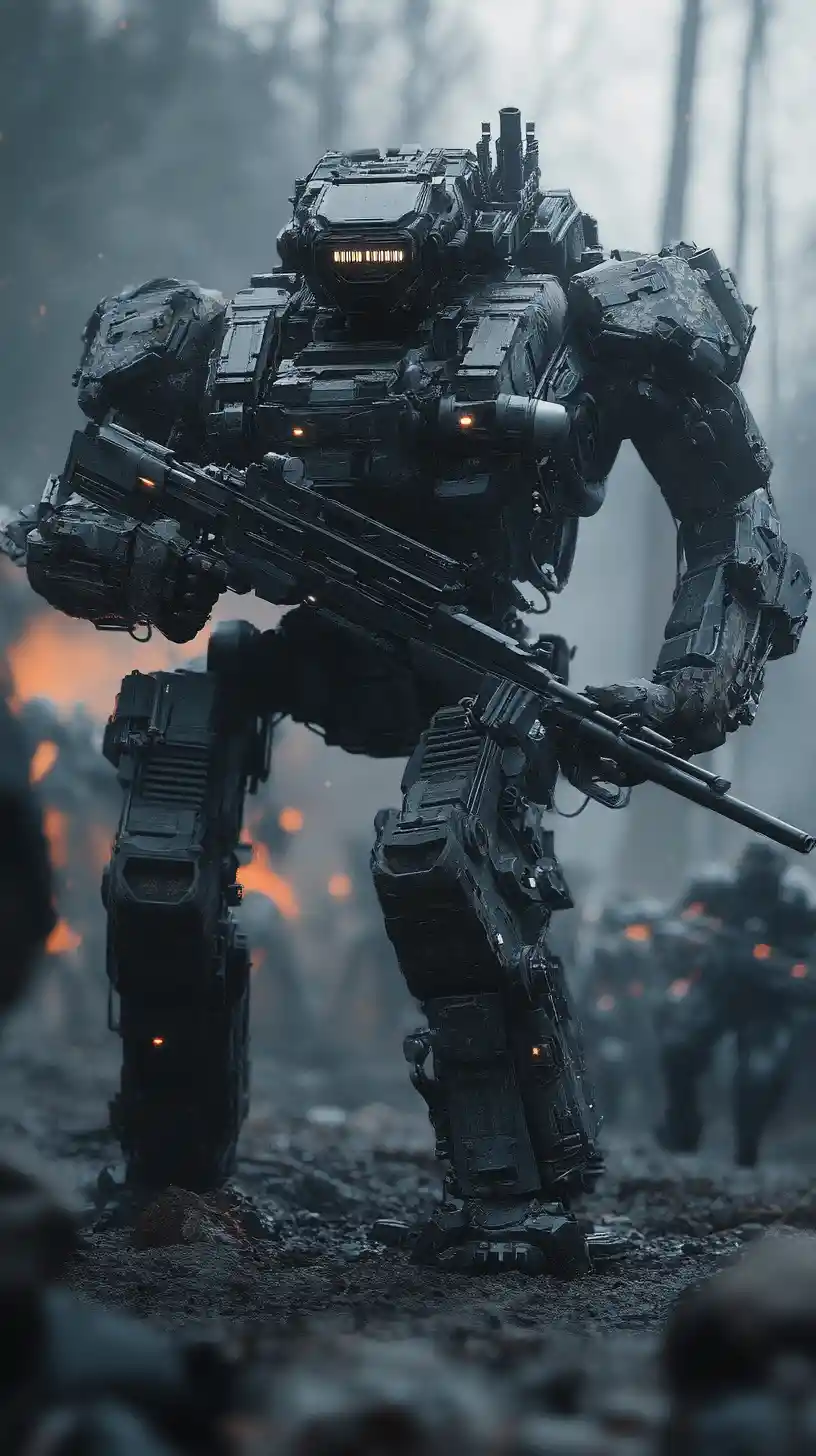 Exoesqueleto mecha sci‑fi com fuzileiro naval em batalha