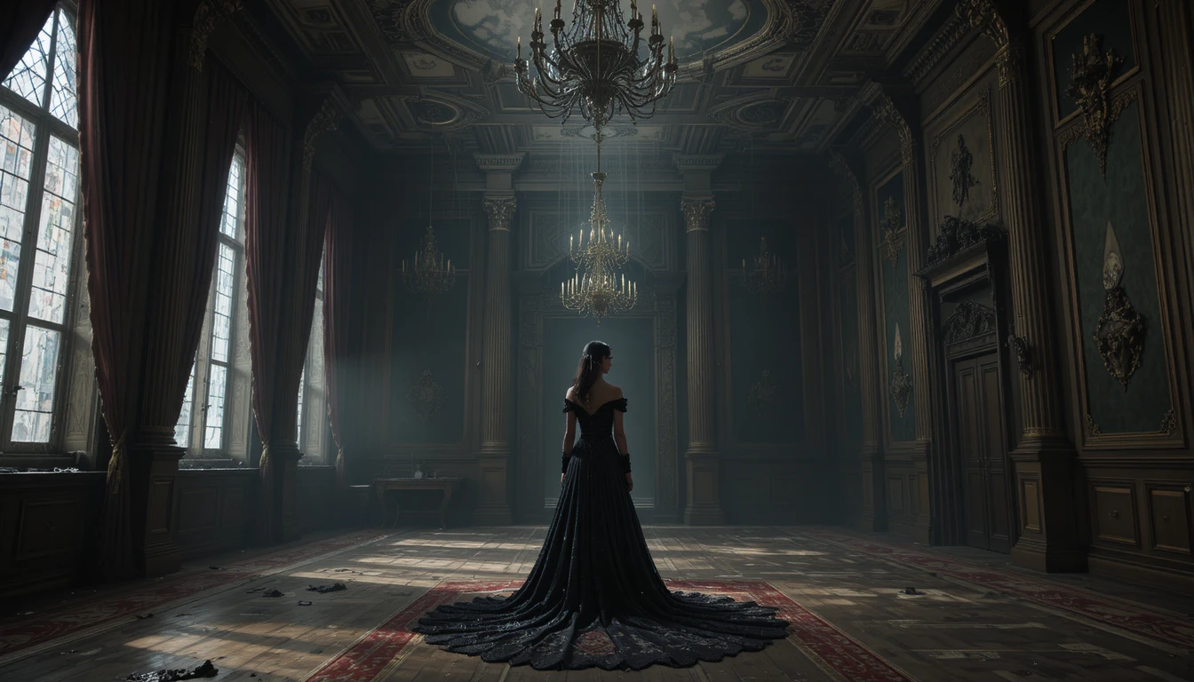 Lonely noblewoman in a decaying gothic ballroom