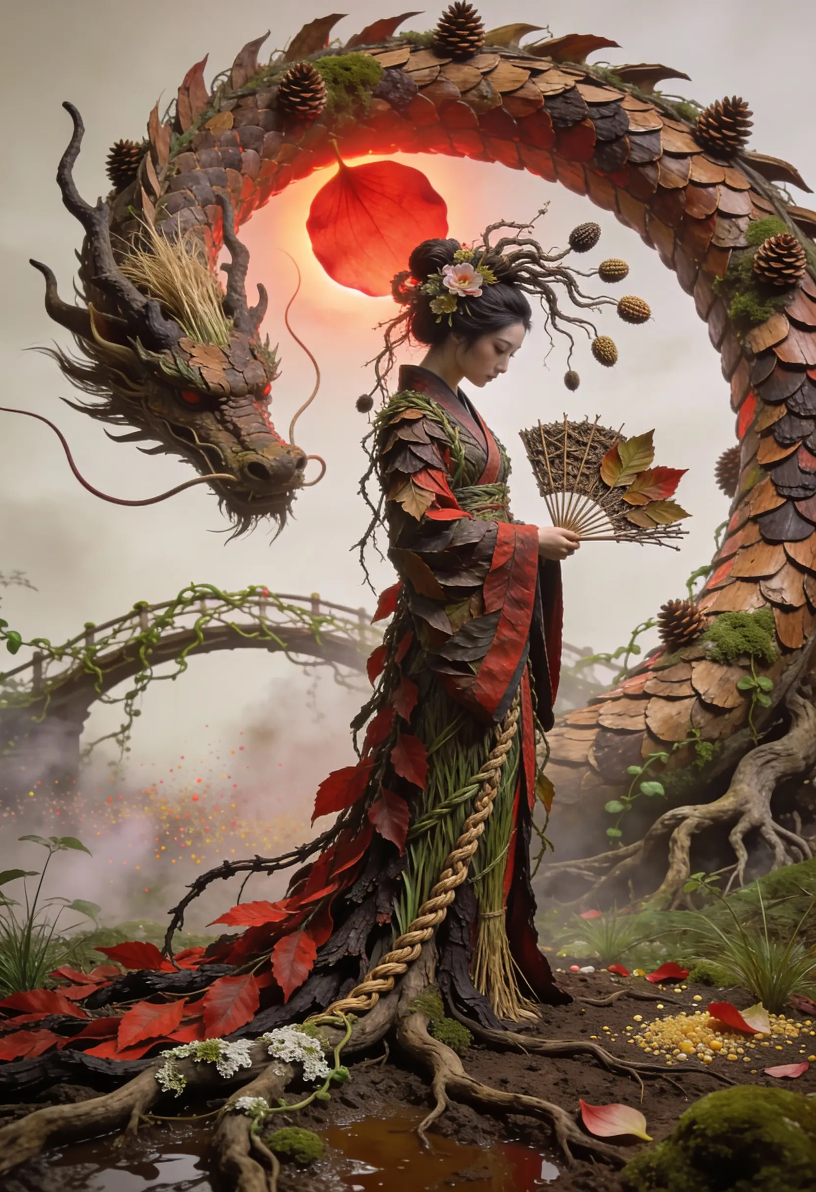 Leaf Woven Woman And Dragon In Organic Fantasy Landscape