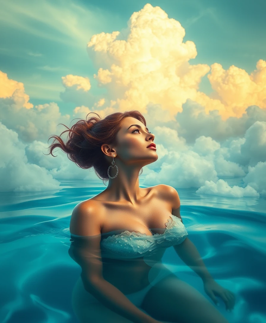 Femme sensuelle dans une piscine de nuages onirique au charme surréaliste