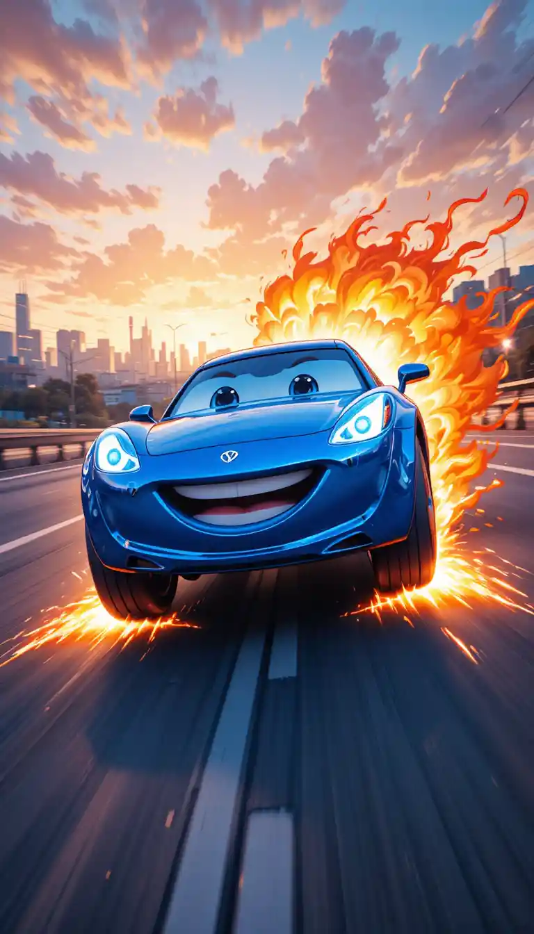 Carro azul de anime alegre correndo por uma rodovia urbana