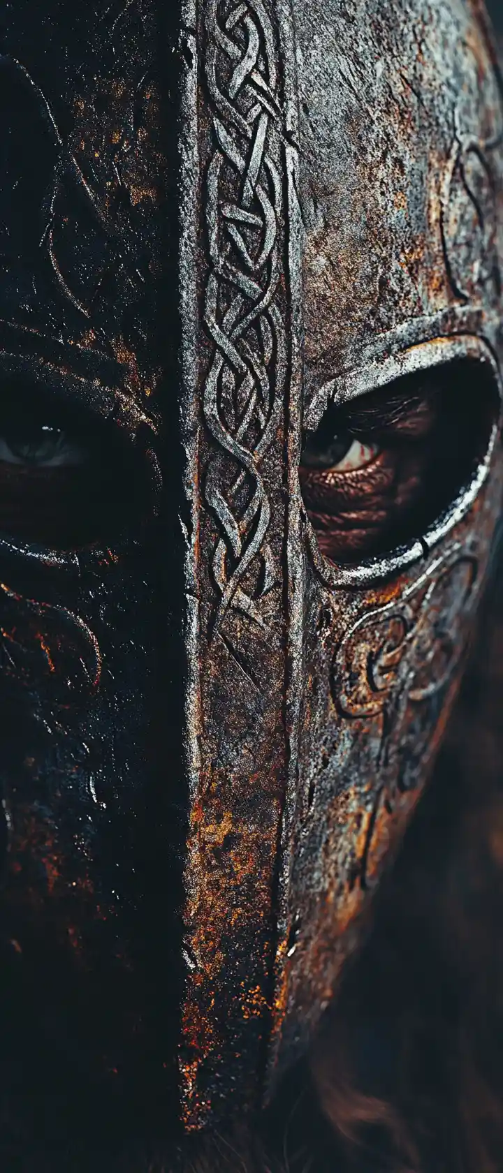 Extreme close up of a medieval helmet with monster eyes