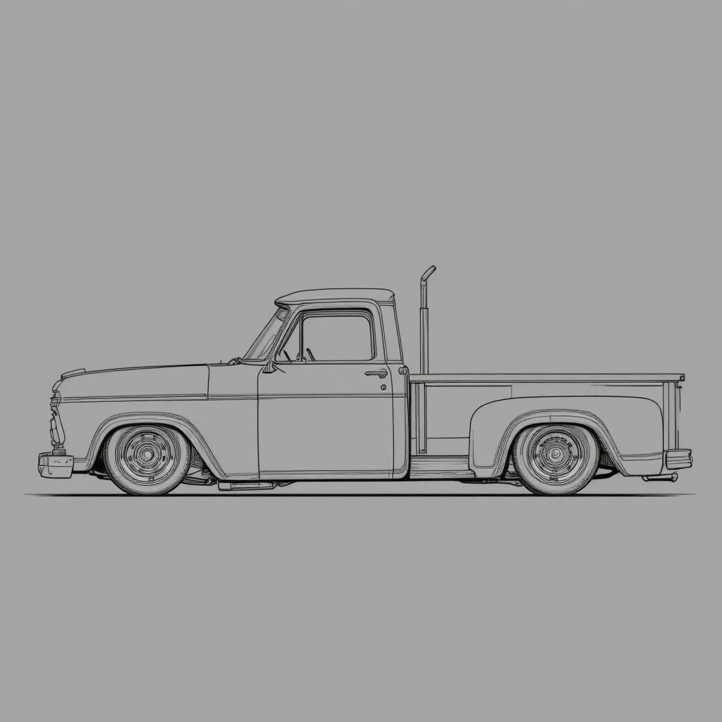 Disegno laterale di un camion Dodge flatbed ribassato e personalizzato