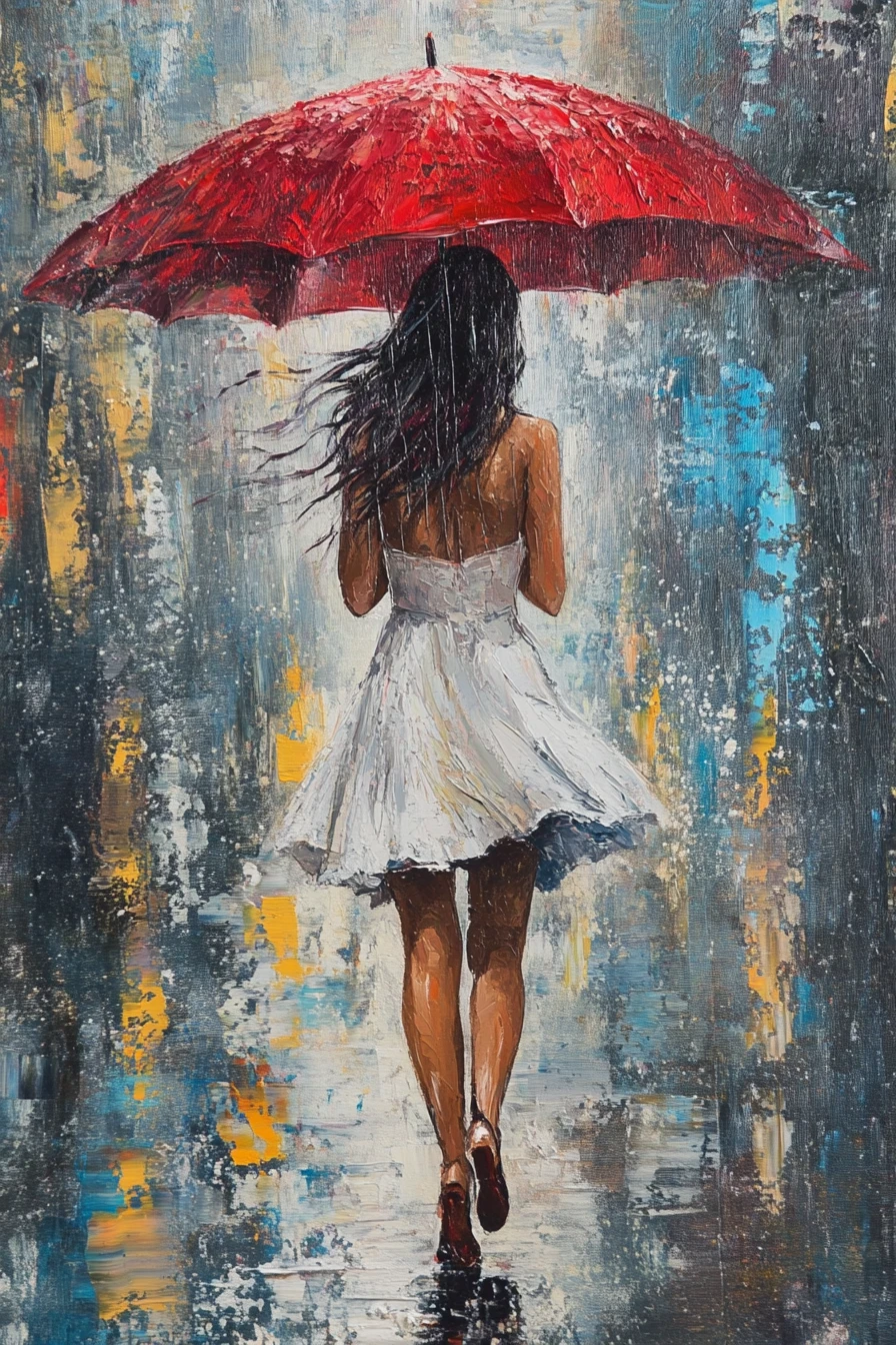 Elegant woman with red umbrella on rainy city street