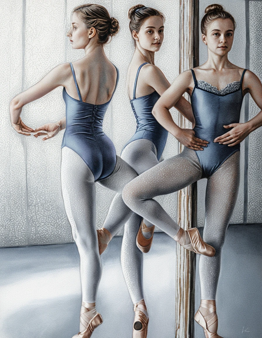 Tre giovani ballerine alla sbarra in uno studio silenzioso