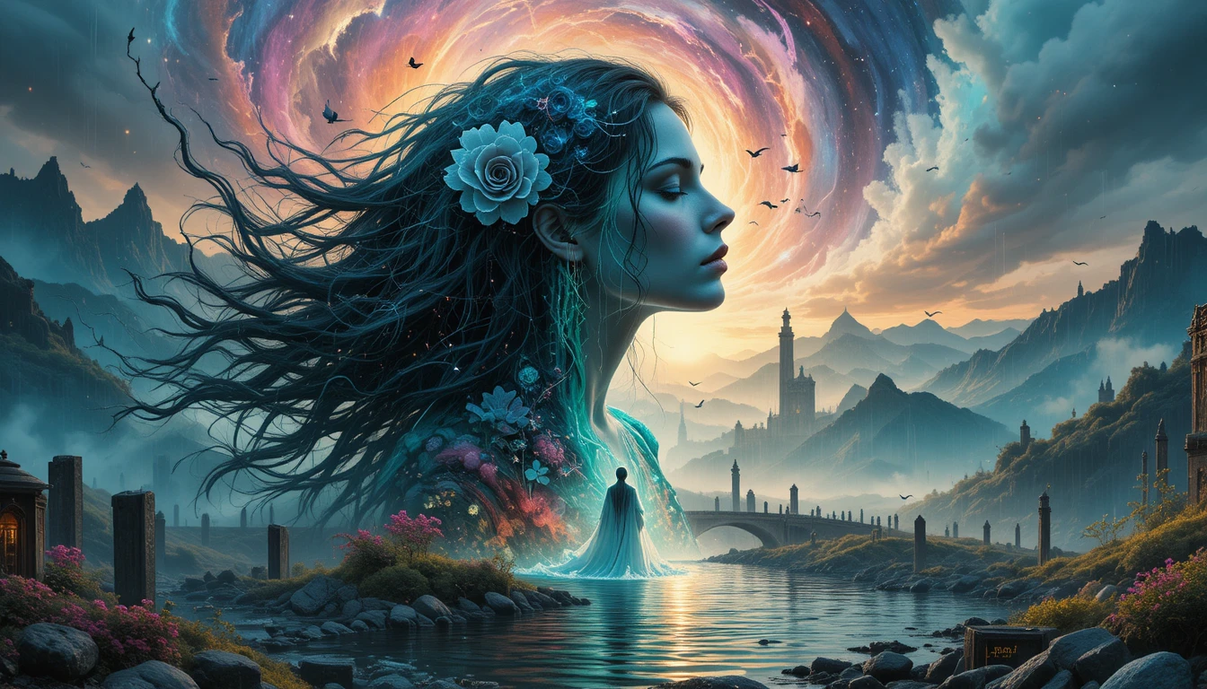 Dreamy Woman With Waterfall Hair In Surreal Sunrise Landscape
