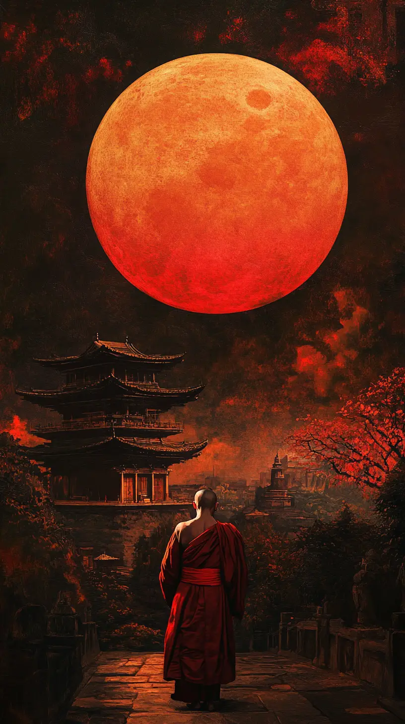Asian monk before a temple under a red moon sky