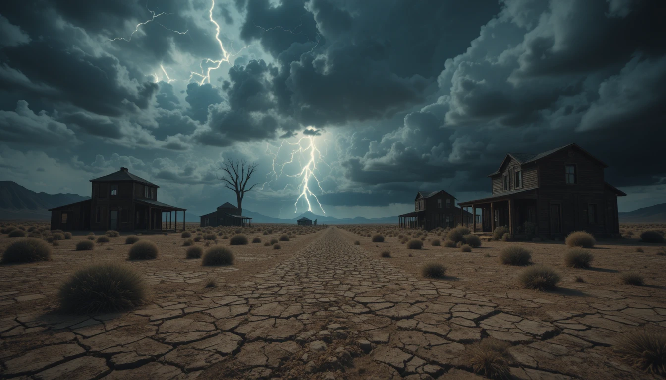 Tempesta di Fulmini su un Ranch nel Deserto del Selvaggio West