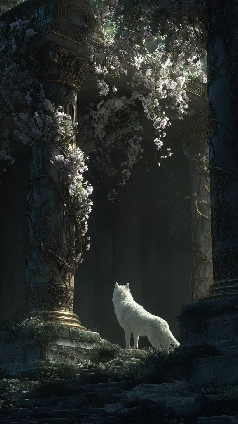 White wolf in moonlit ruins with glowing vines