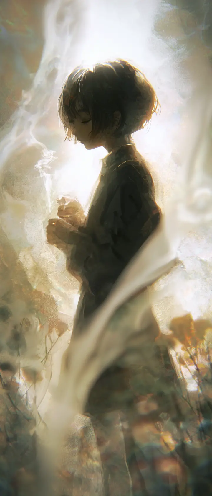 Woman floating in soft dreamlike misty abstract space
