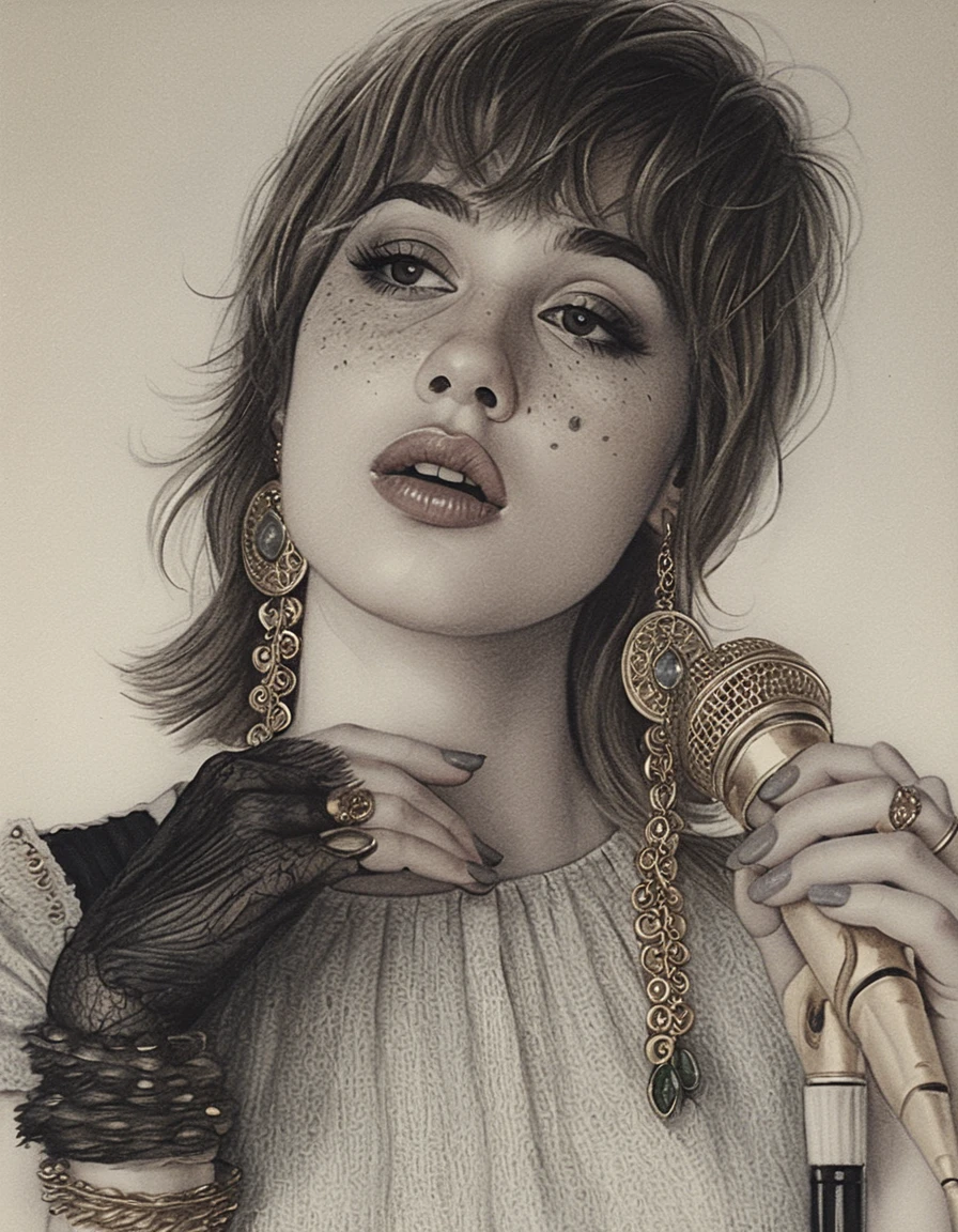 Portrait d’une chanteuse blonde tenant un micro vintage