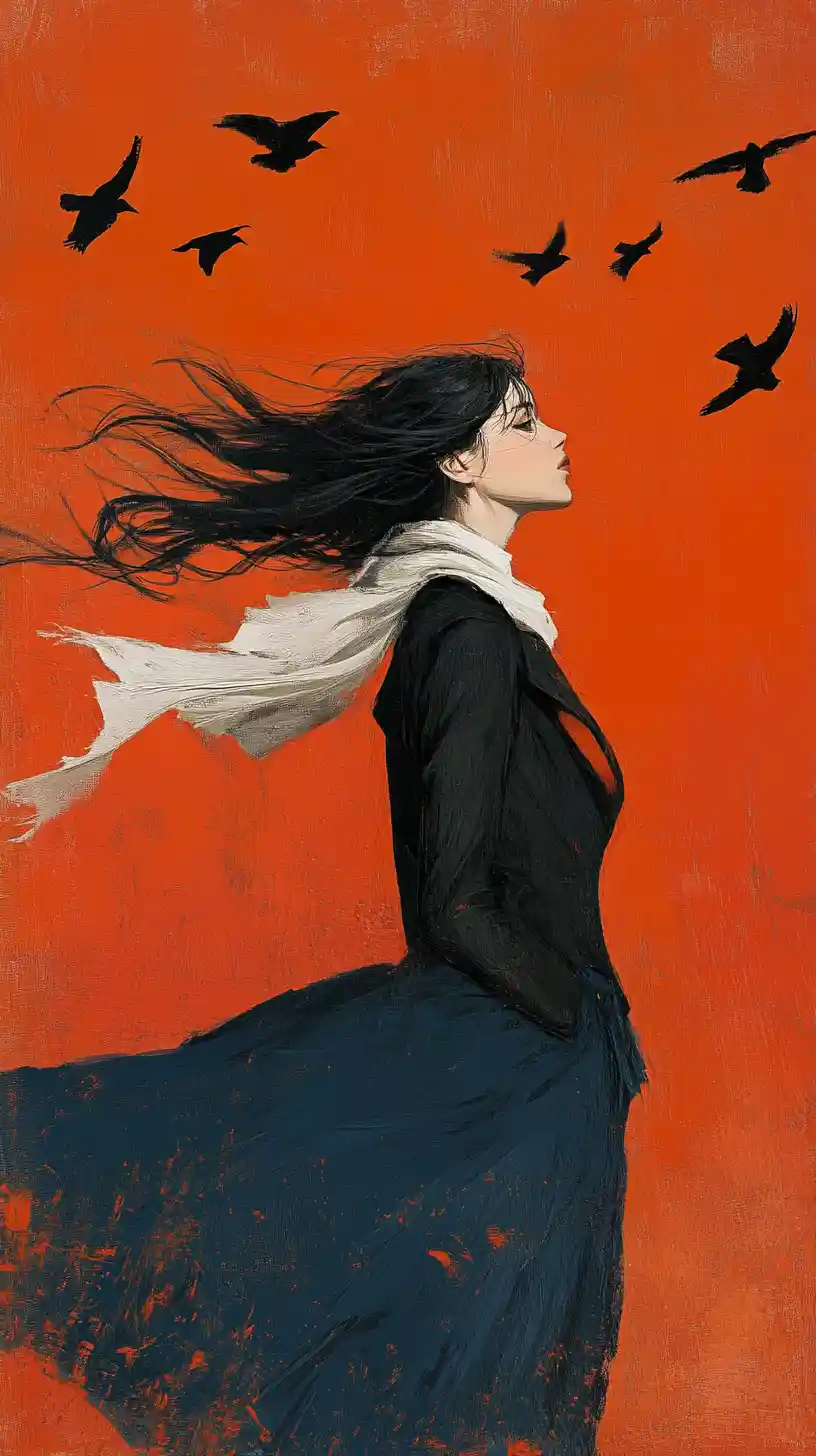 Young woman in motion against abstract red sky
