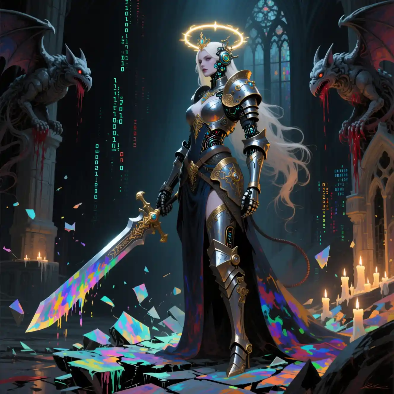 Gothic mechanical queen with greatsword on shattered data reef