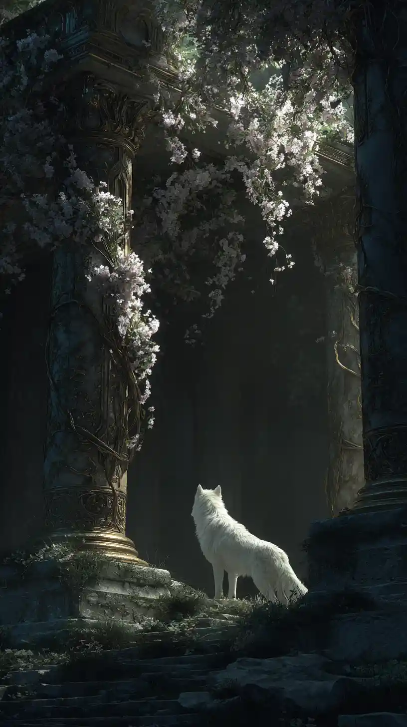 White wolf in moonlit ruins with glowing vines