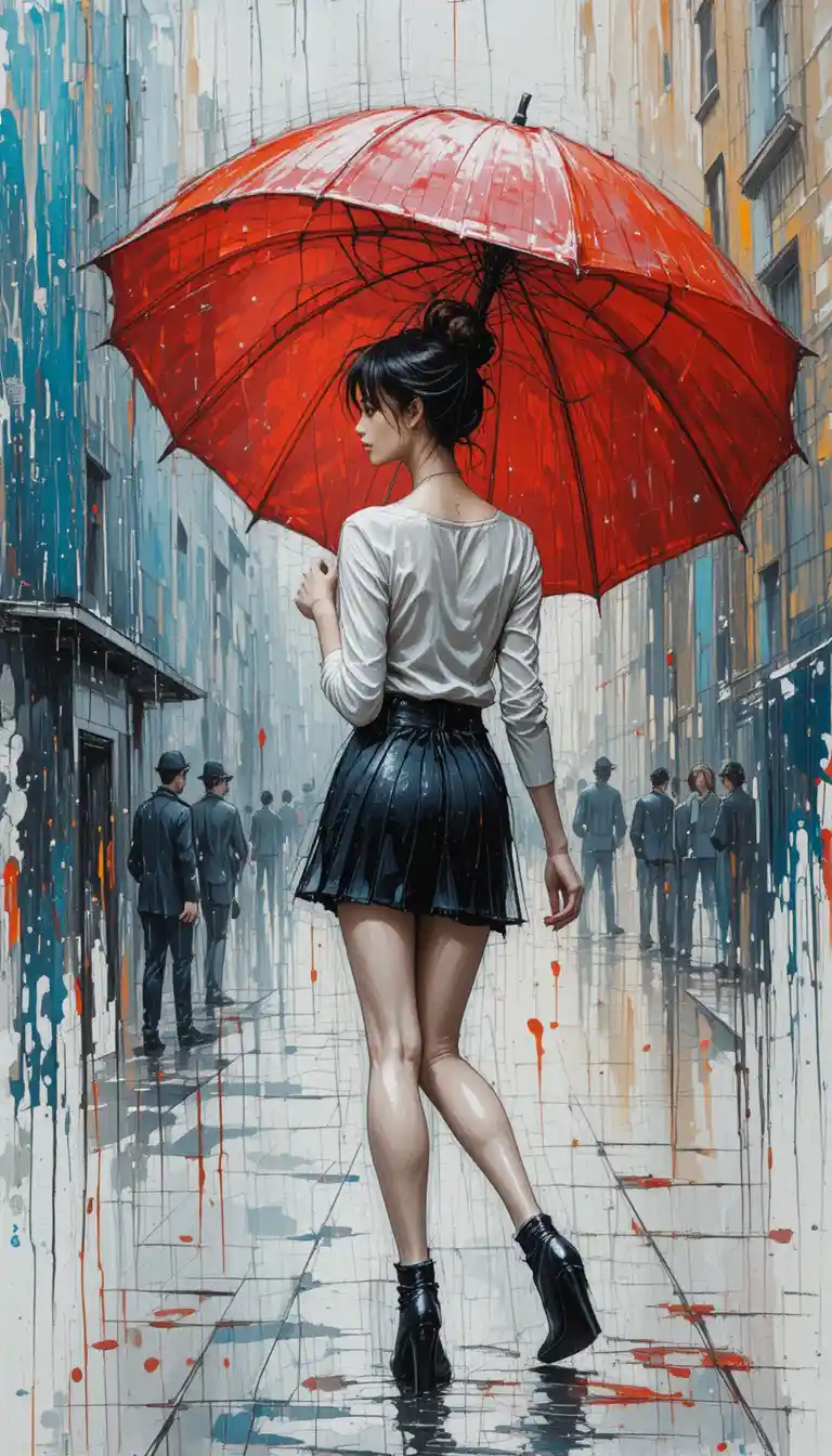 Elegant woman with red umbrella on rainy city street