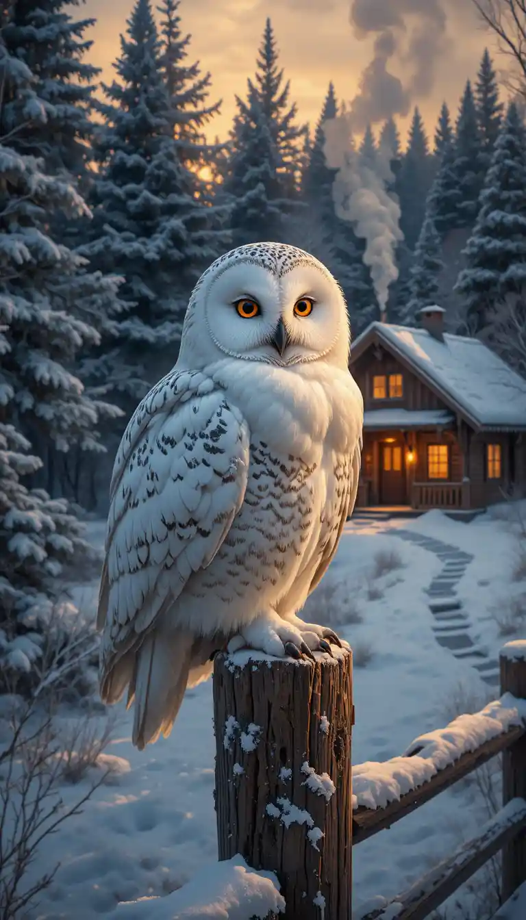 Snowy owl on frosted fence in tranquil winter light