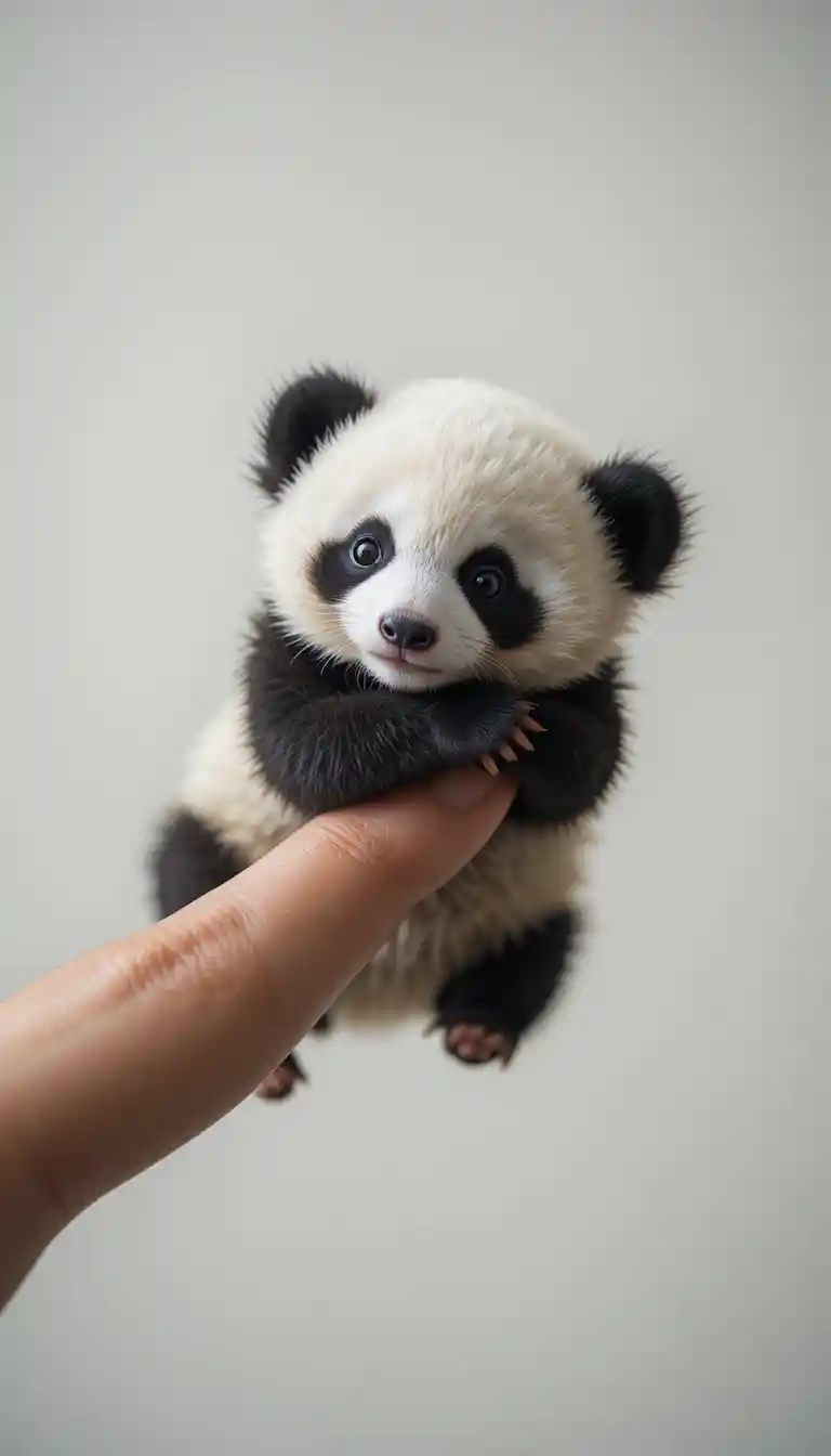 Piccolissimo cucciolo di panda che abbraccia un dito umano in primo piano in studio