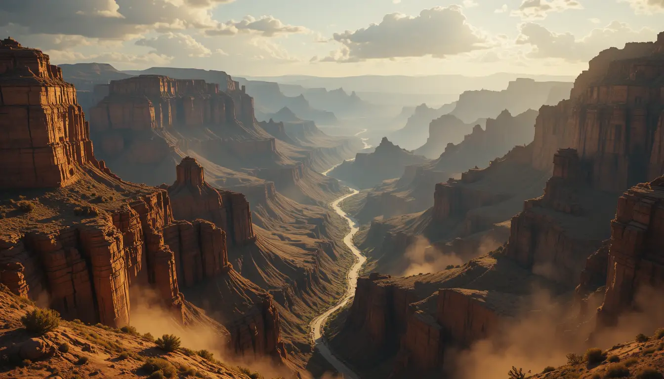 Epic canyon landscape with dramatic shadows and rim light