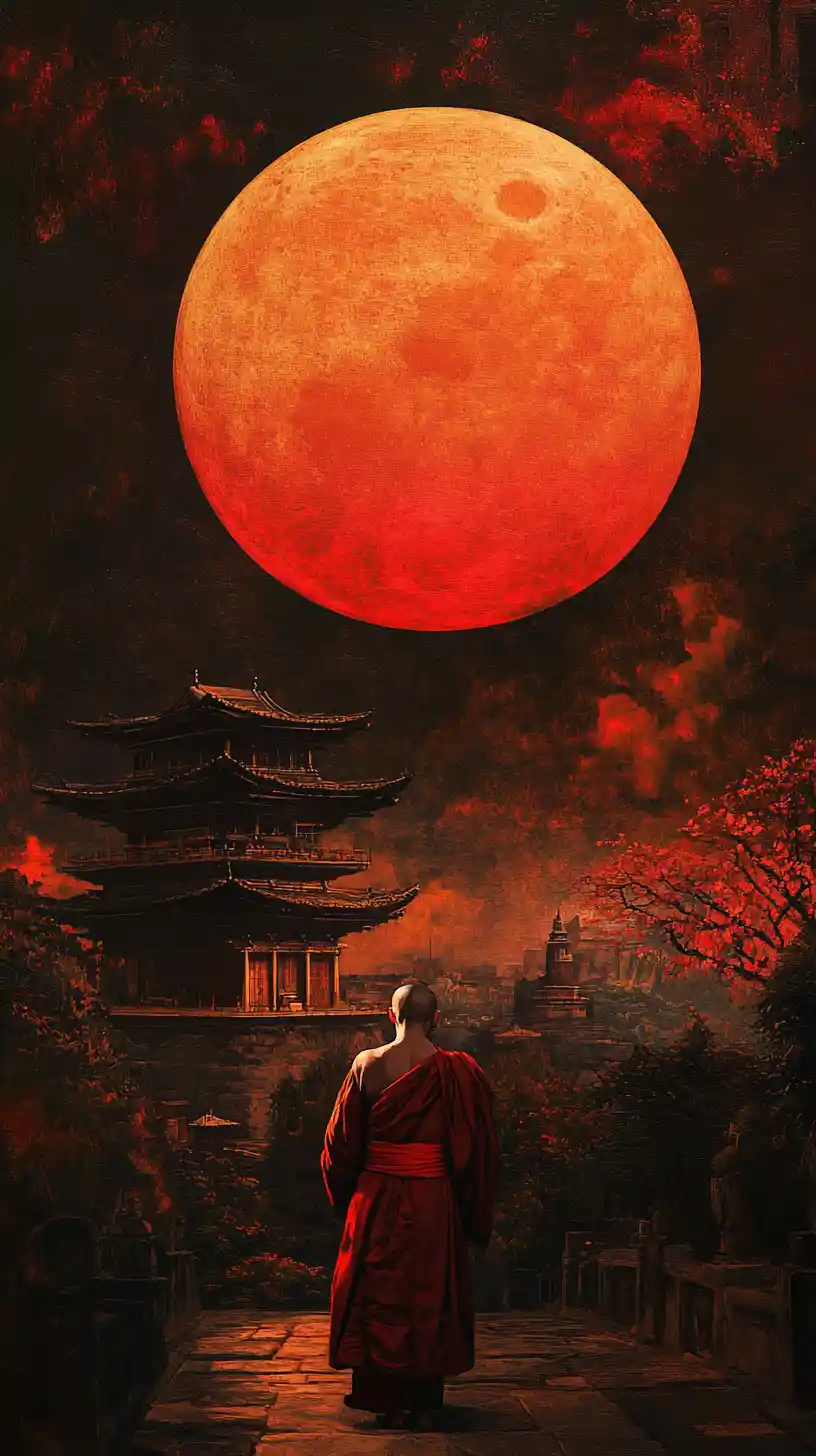 Asian monk before a temple under a red moon sky