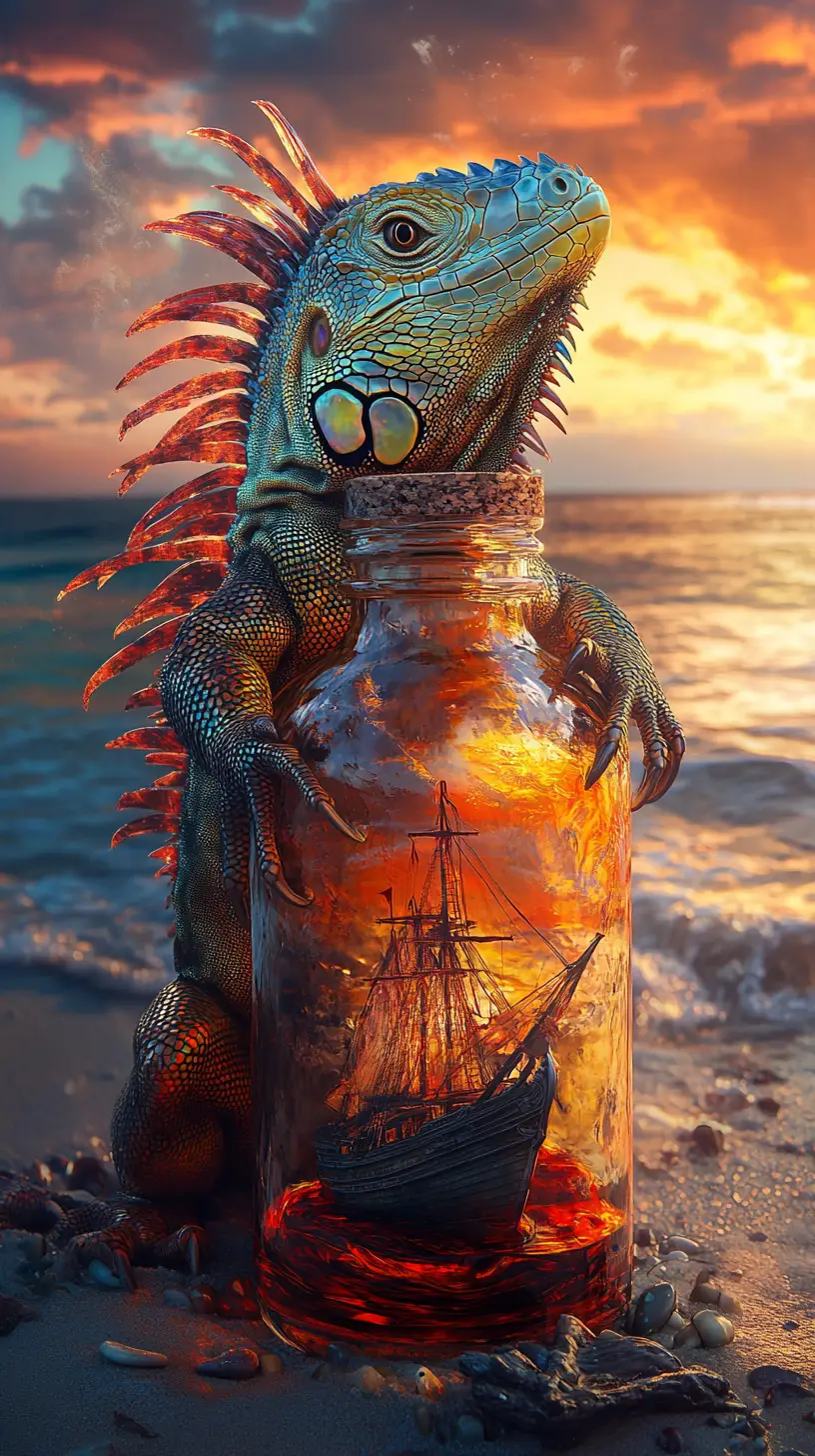 Rot-orangefarbene Leguan auf Flaschenschiff am Fantasy-Strand