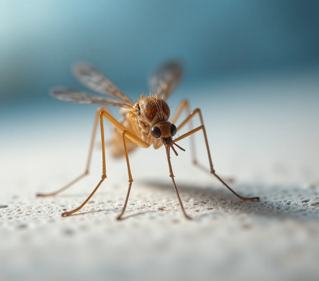 Macro primo piano di una zanzara su una superficie chiara e testurizzata