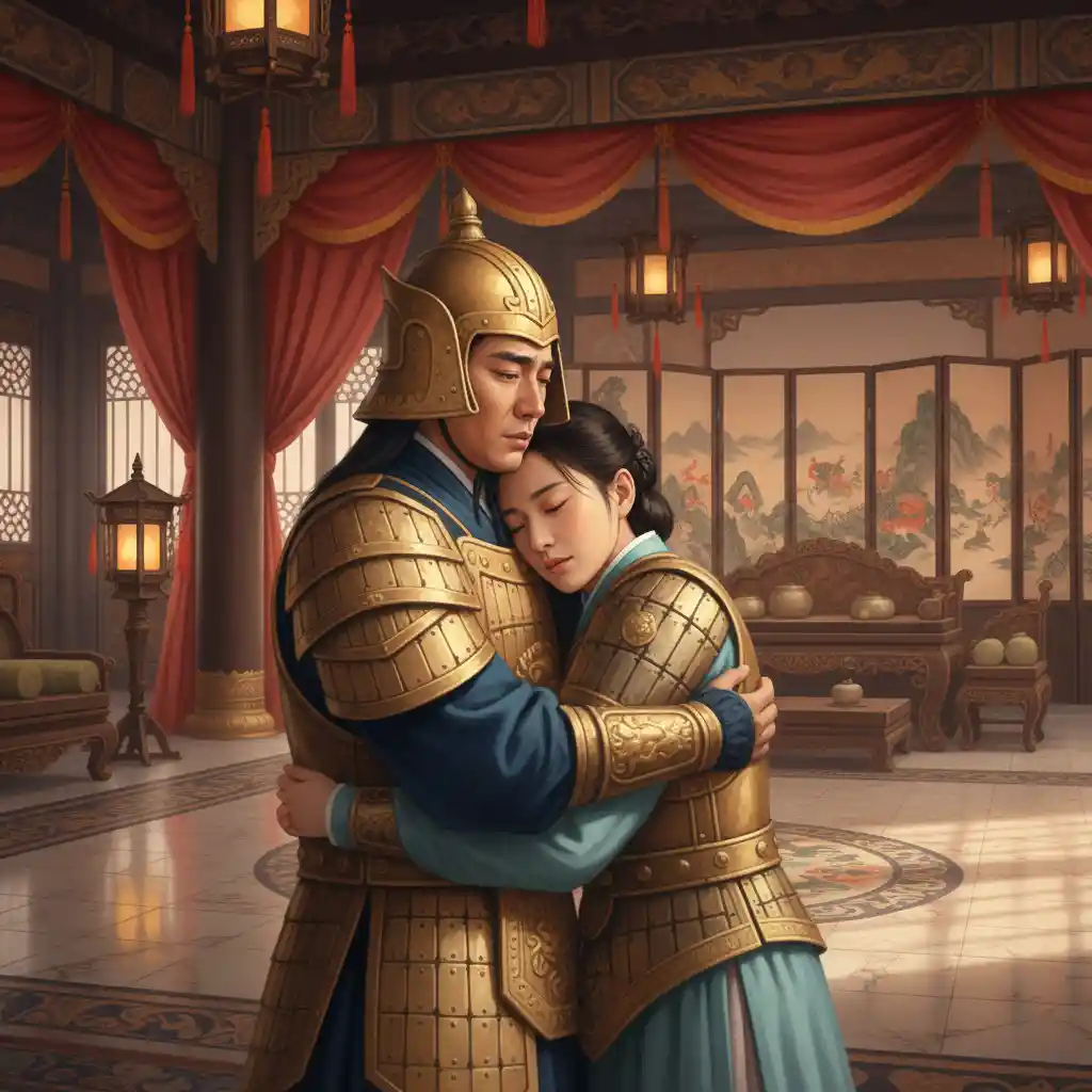 Chinese warrior couple in golden armor in palace embrace