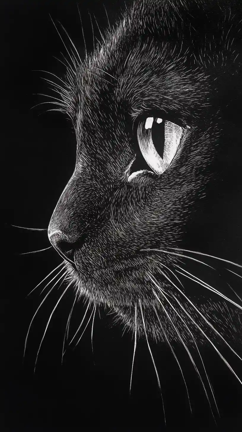 Extremes Nahaufnahme-Scratchboard-Porträt einer schwarzen Katze