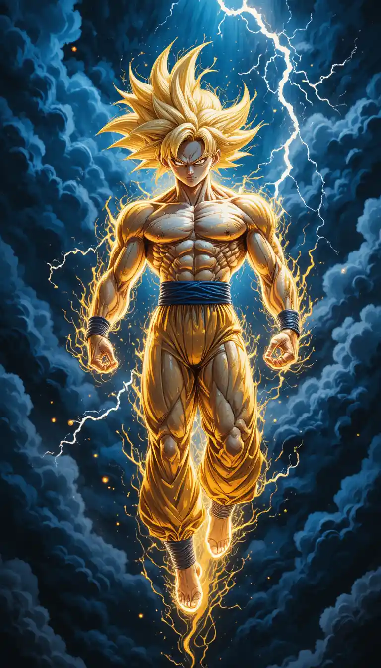 Muscular warrior glowing in stormy sky with lightning