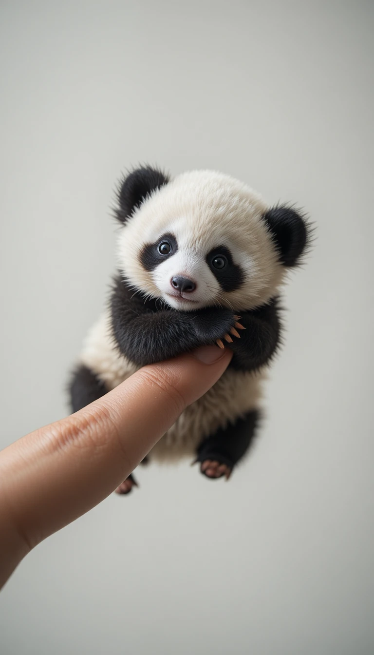 Piccolissimo cucciolo di panda che abbraccia un dito umano in primo piano in studio