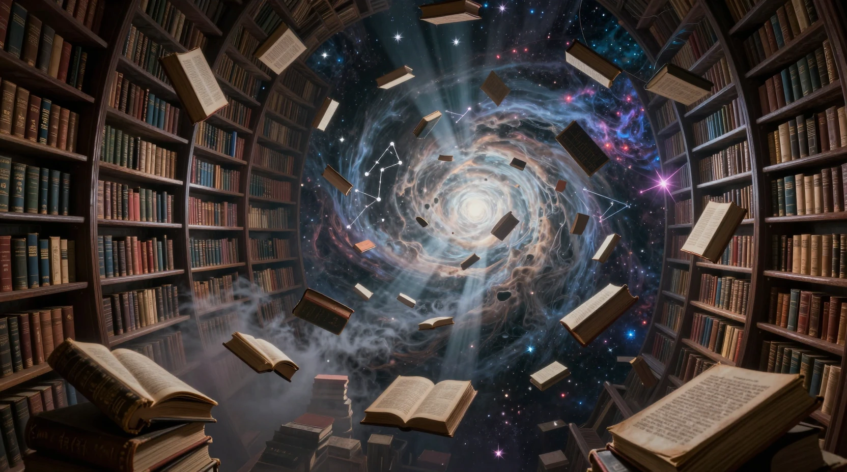 Antica biblioteca cosmica che fluttua nel vuoto infinito