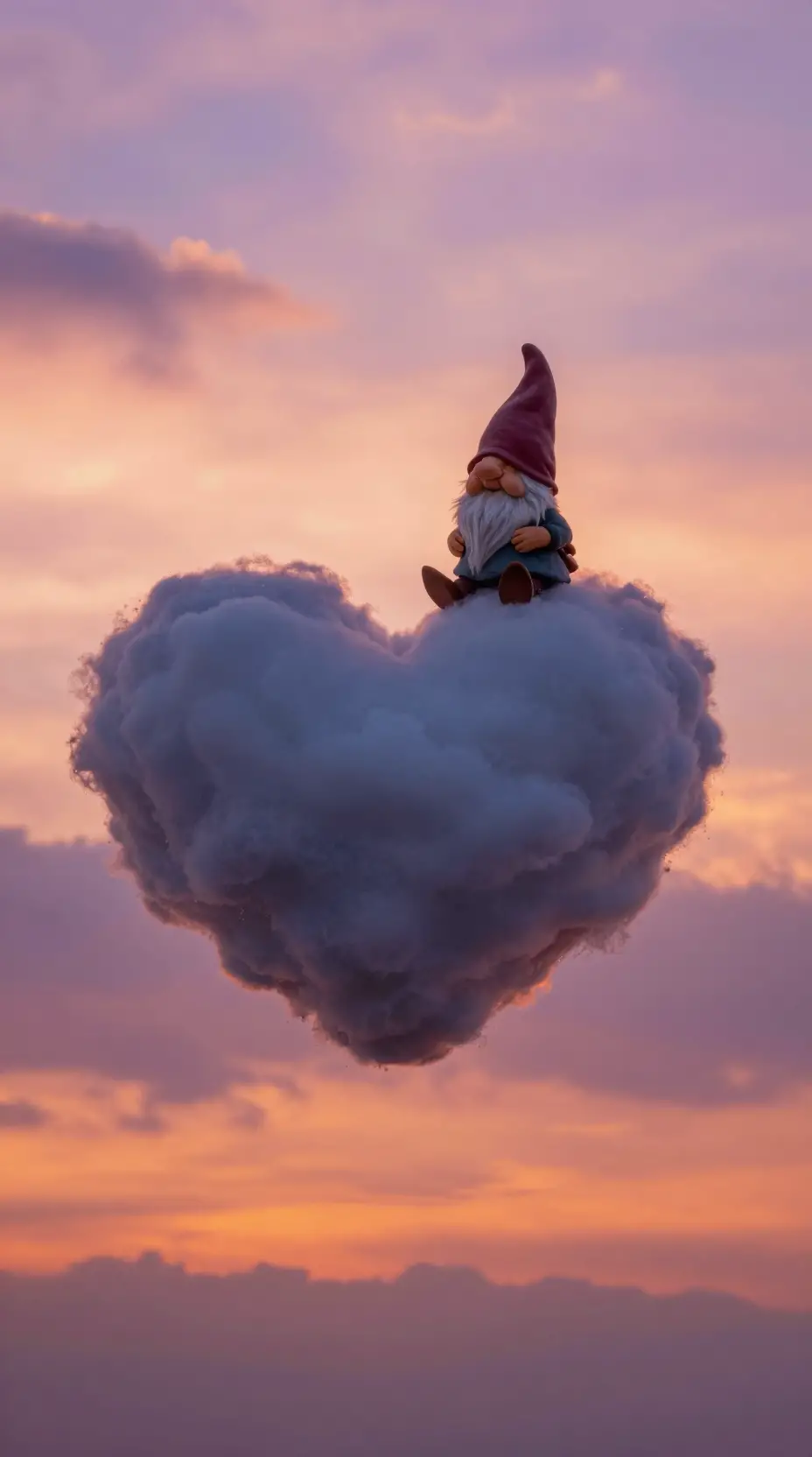 Gnome Riding A Heart Shaped Cloud At Sunset Sky