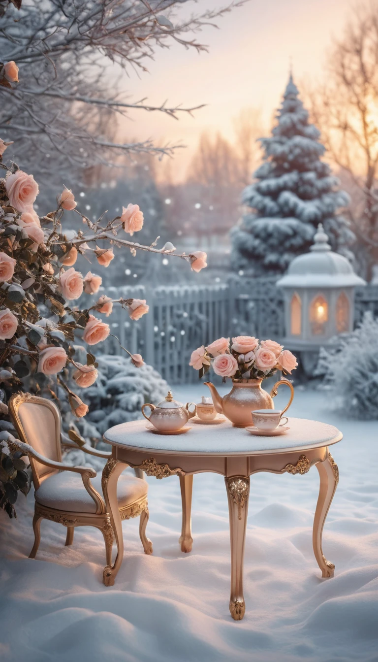 Romantic Tea Table In A Snowy Winter Garden At Sunset
