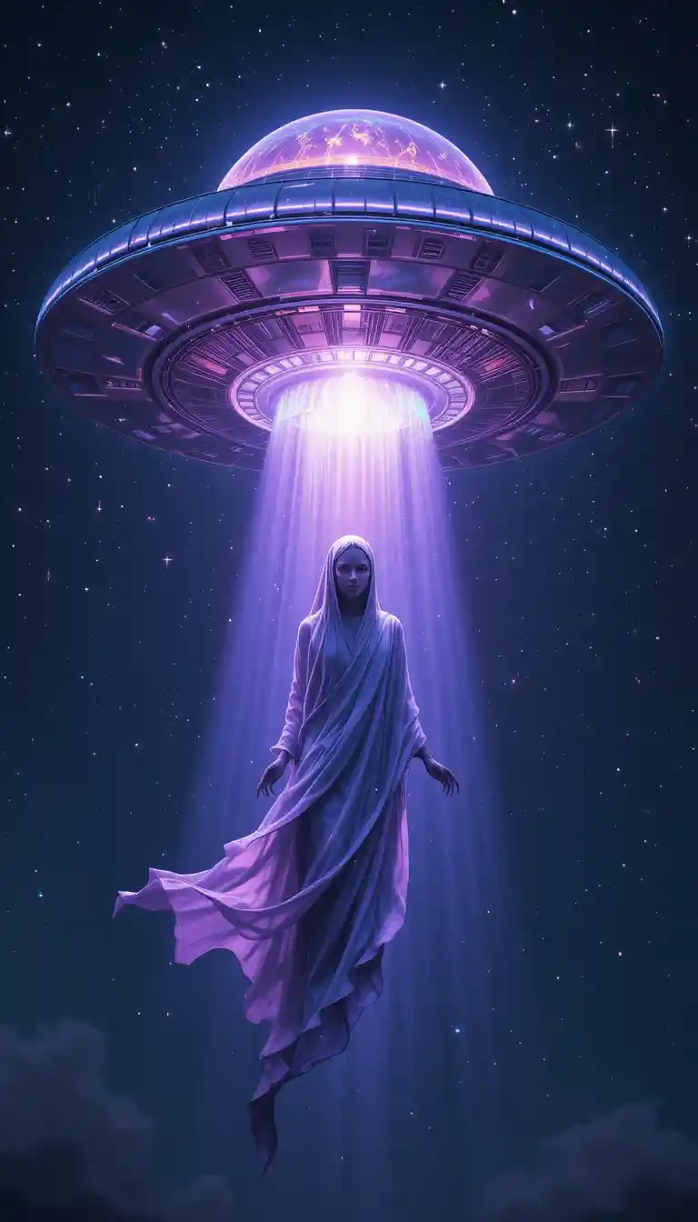 Glowing UFO Descending Over A Starry Night Sky
