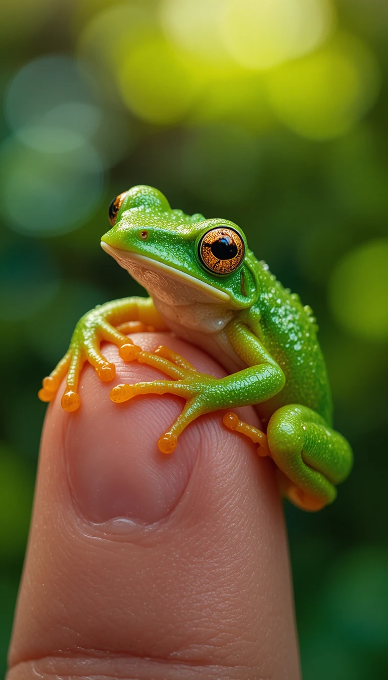 Winziger grüner Laubfrosch, der sich an einem menschlichen Finger festklammert