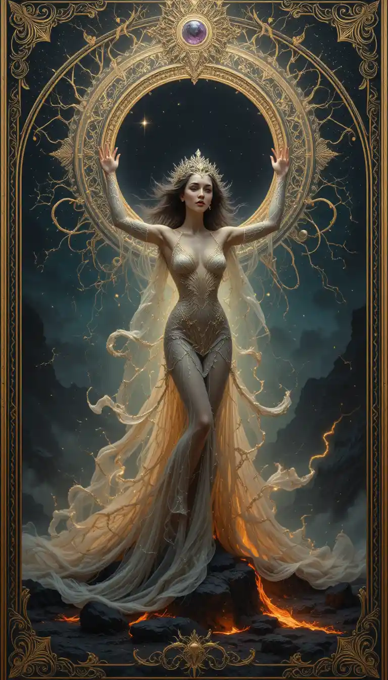 Elegante donna fantasy davanti a un buco nero cosmico