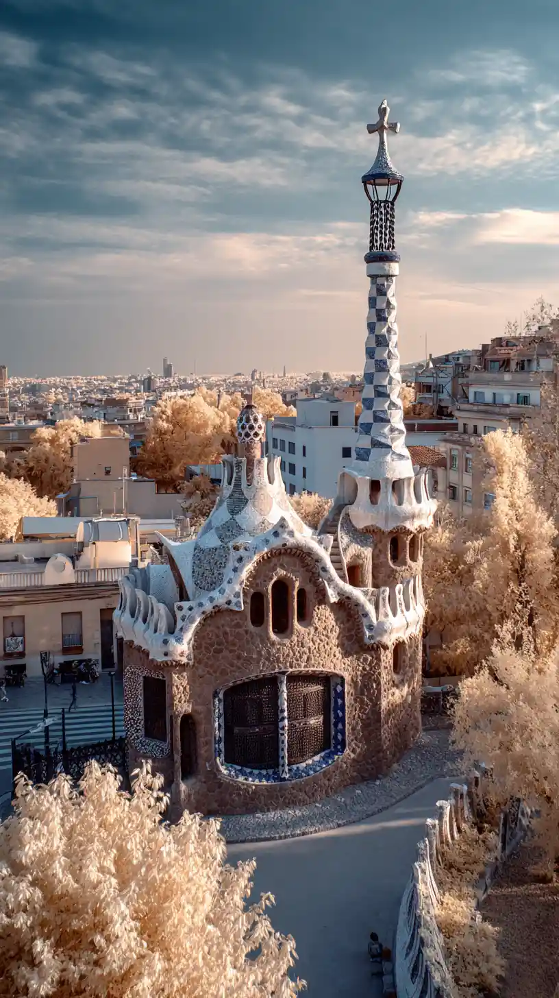 Surreal Parc Guell architecture in warm infrared cityscape
