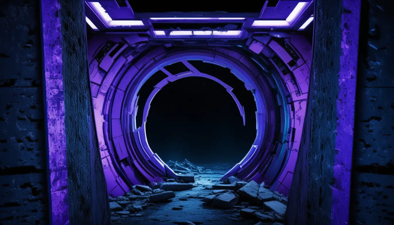 Futuristic alien ruin doorway glowing with blue and purple light