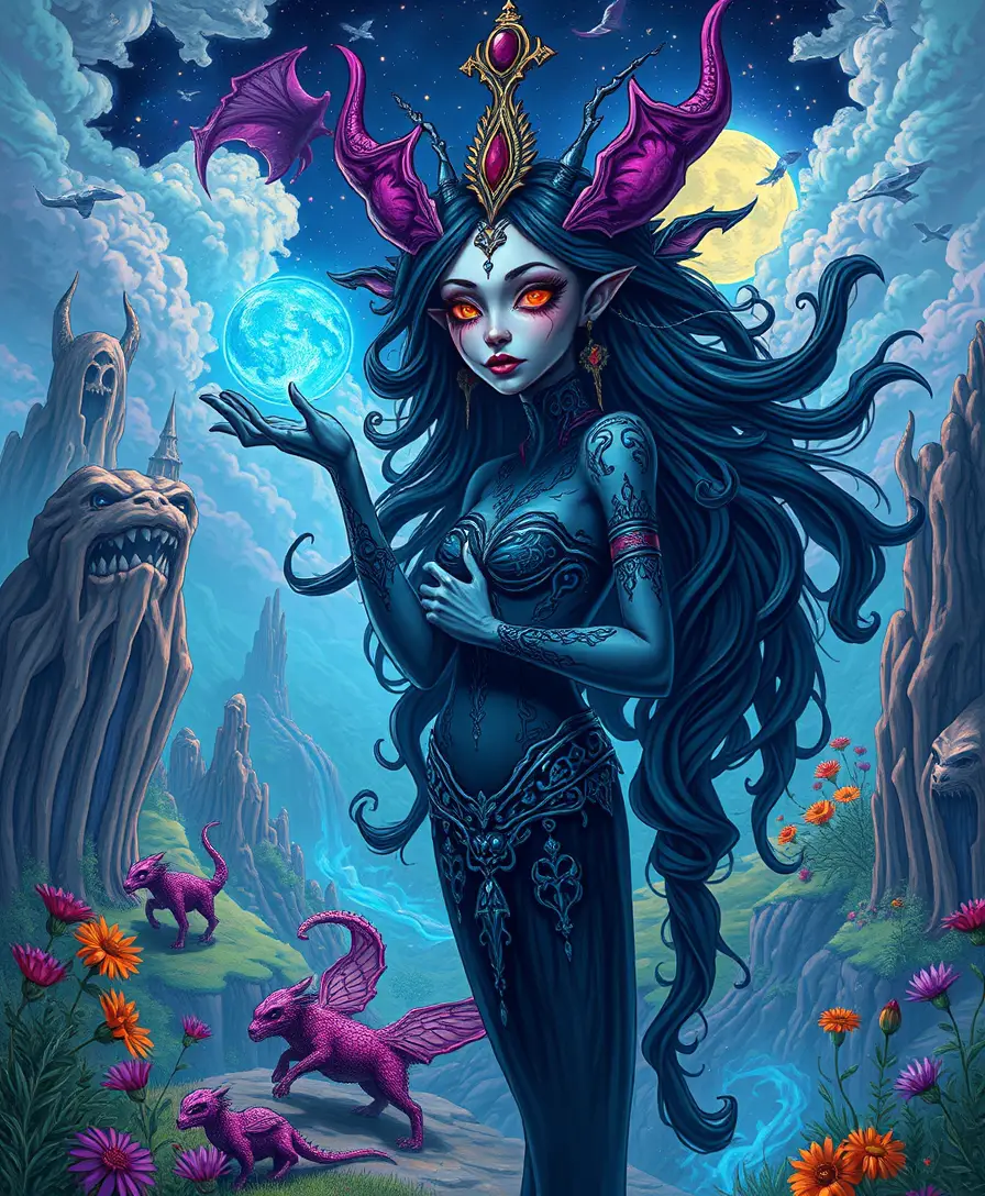 Whimsical fantasy creatures in a surreal magical landscape
