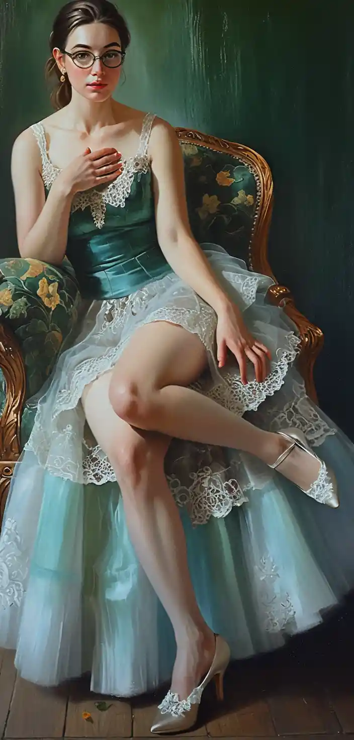 Young woman in satin on vintage green baroque armchair