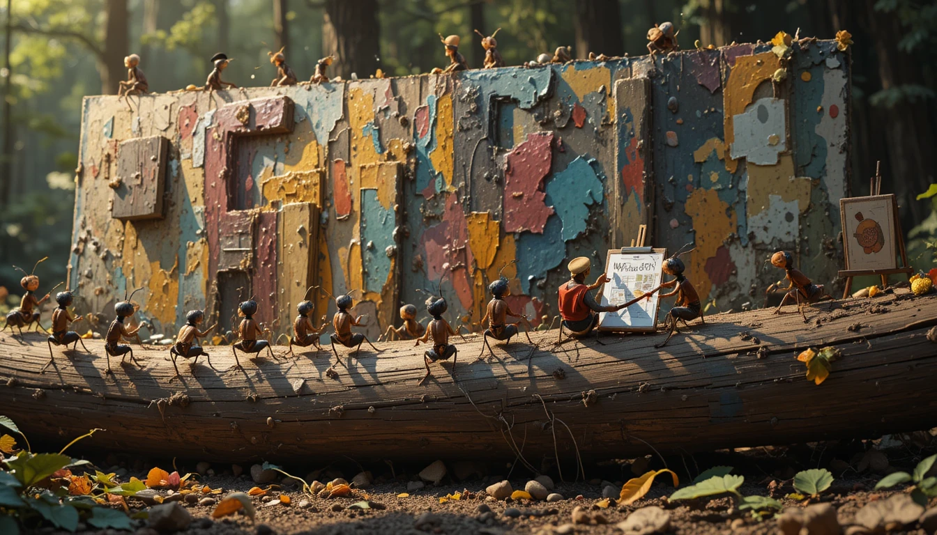 Whimsical Ant Artists Painting A Colorful Log Mural