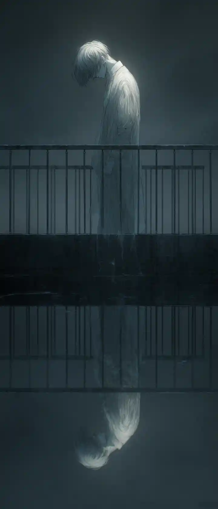 Ghostly figure merging with reflection on windy balcony