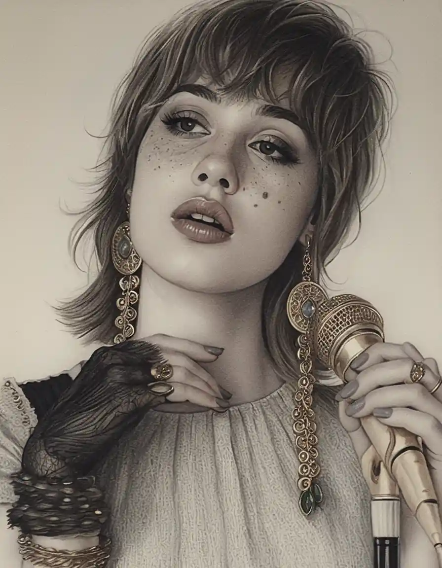 Blonde singer portrait holding a vintage microphone