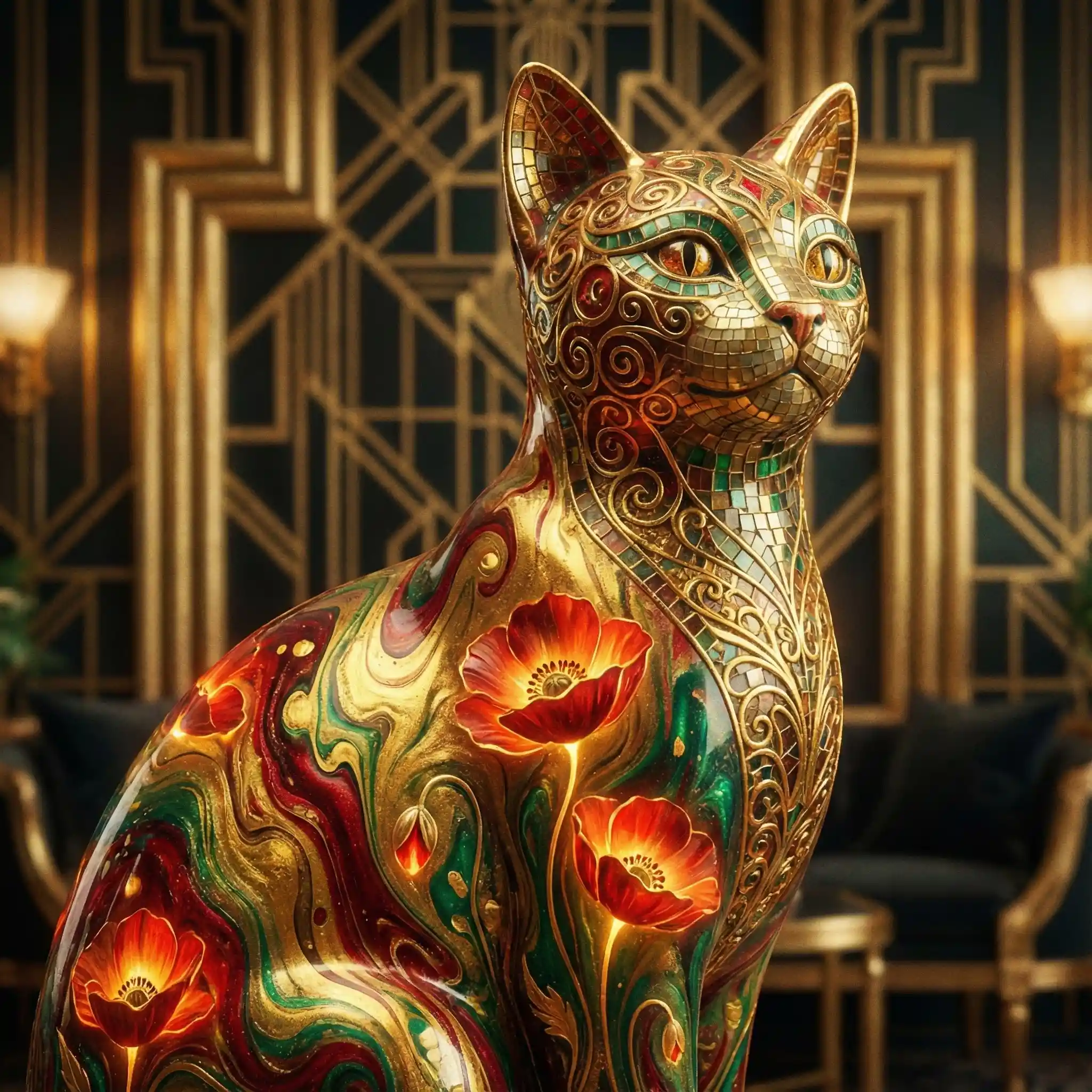 Art deco cat with golden filigree and red poppies
