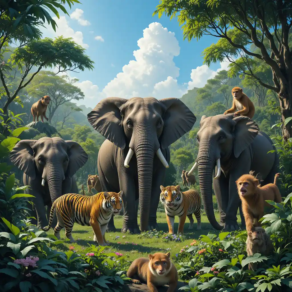Wild animals living together in a bright green forest