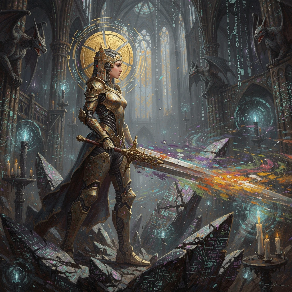 Gothic warrior queen with halo on shattered digital reef
