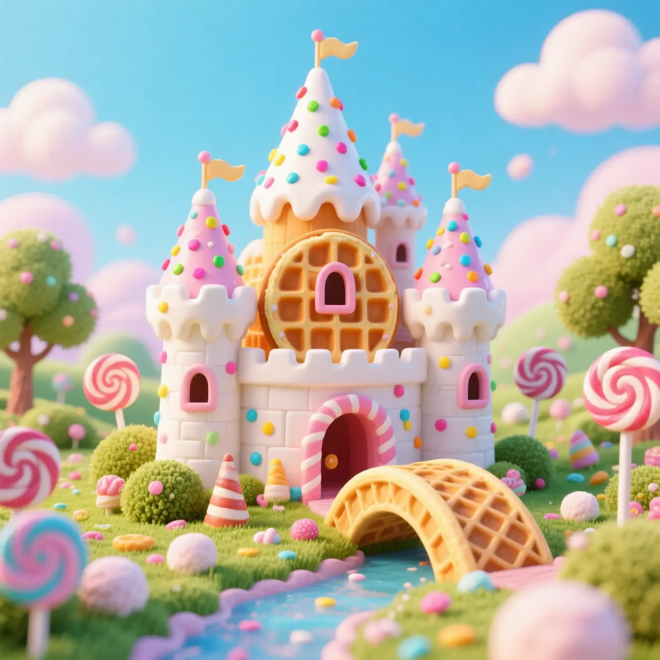 Whimsical Waffle Castle In A Lush Candy Fantasy Garden