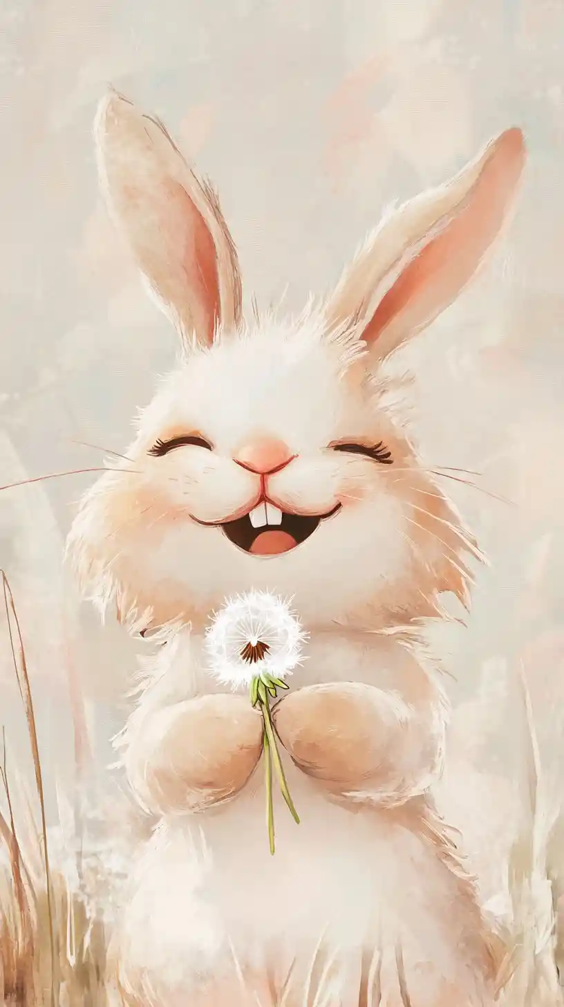 Joyful cartoon rabbit holding a dandelion in meadow