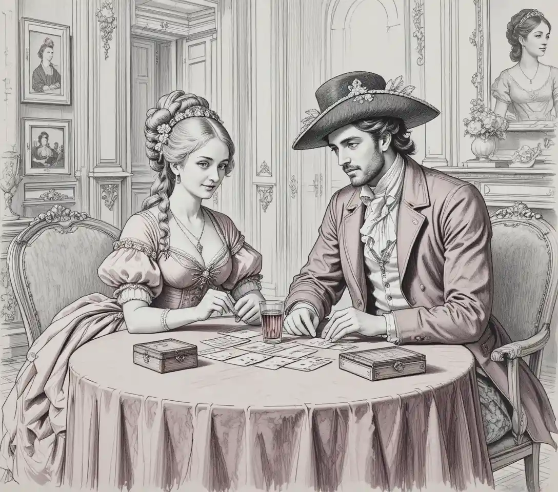 Elegant eighteenth century couple playing cards indoors