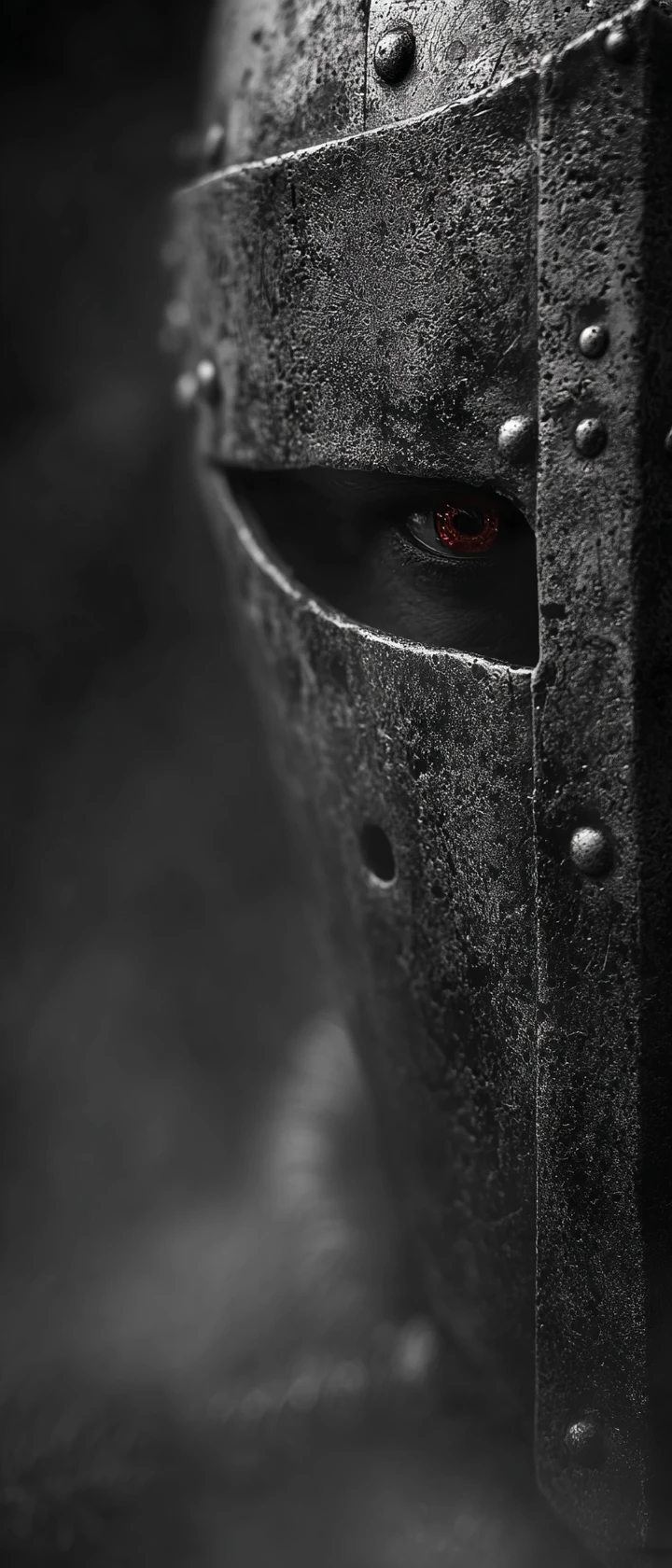 Ominous close up of weathered medieval helmet with red eyes